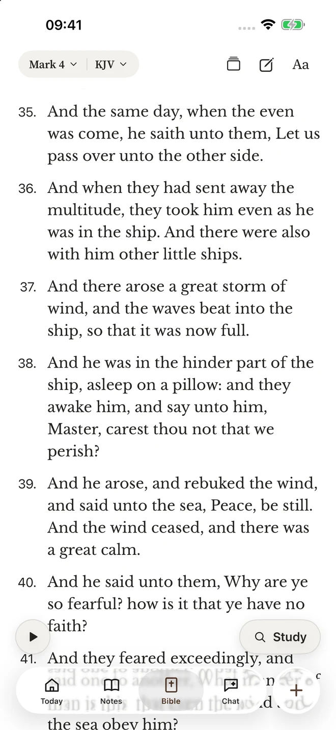 Bible Pocket Bible reader showing Scripture and reading controls