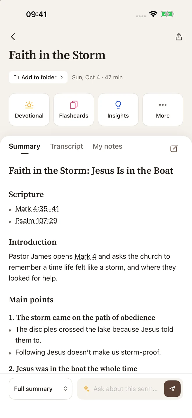 Bible Pocket sermon note with a summary, Scripture references, and transcript
