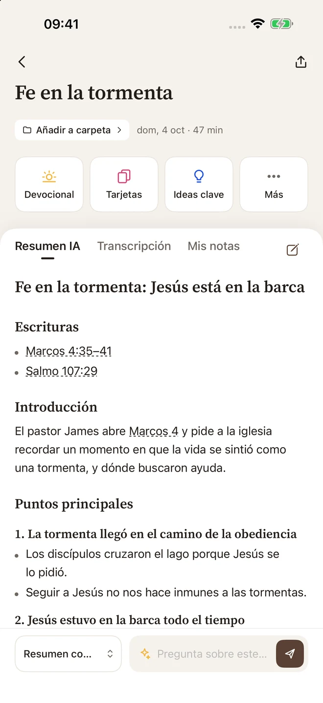 Nota de sermón en Bible Pocket con resumen, referencias bíblicas y transcripción