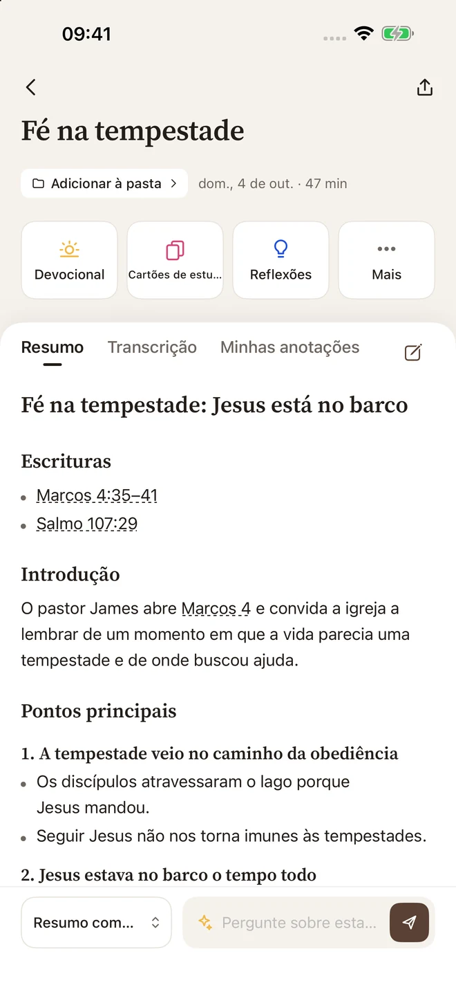 Nota de sermão no Bible Pocket com resumo, referências bíblicas e transcrição