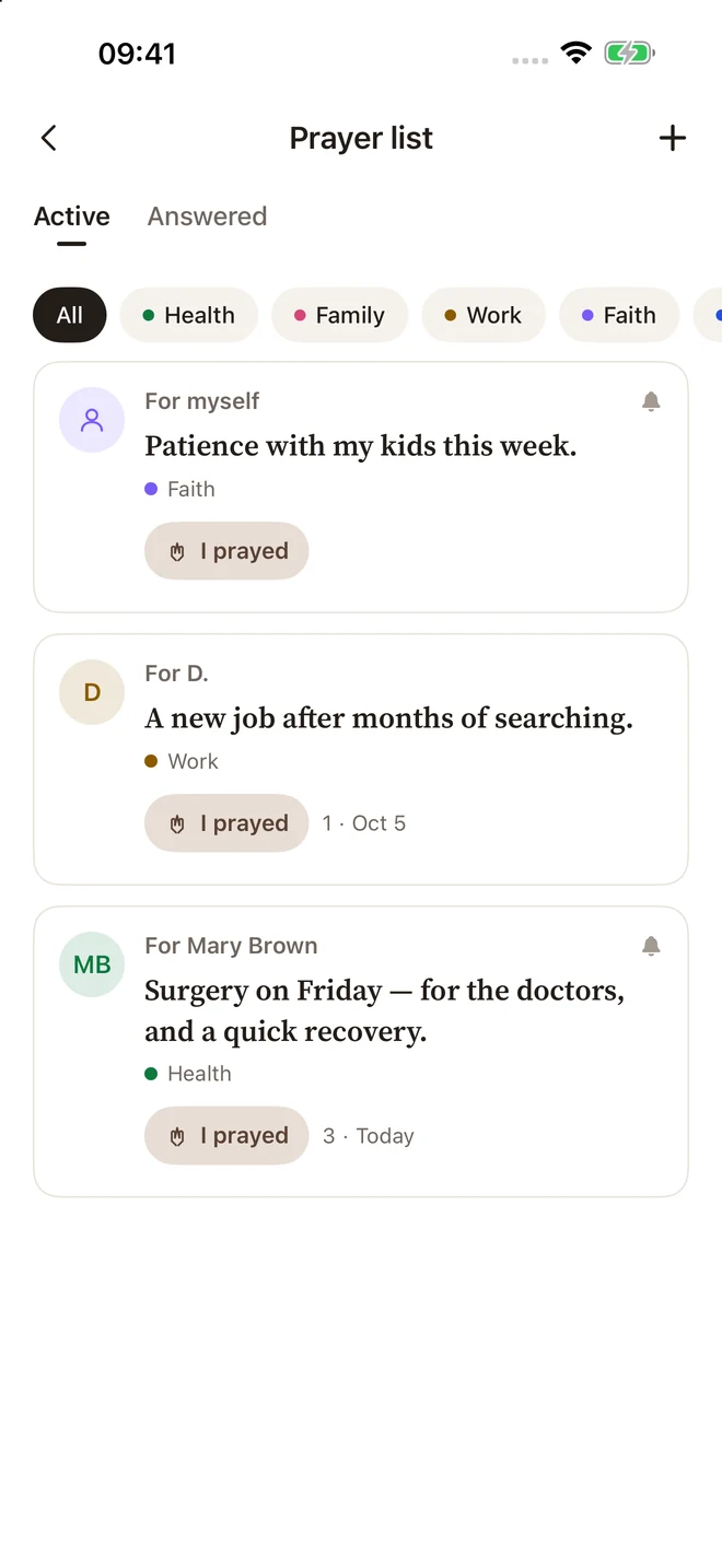 Bible Pocket prayer list with personal requests and prayer categories