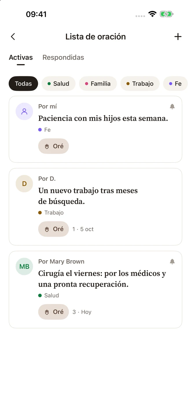 Lista de oración de Bible Pocket con peticiones personales y categorías