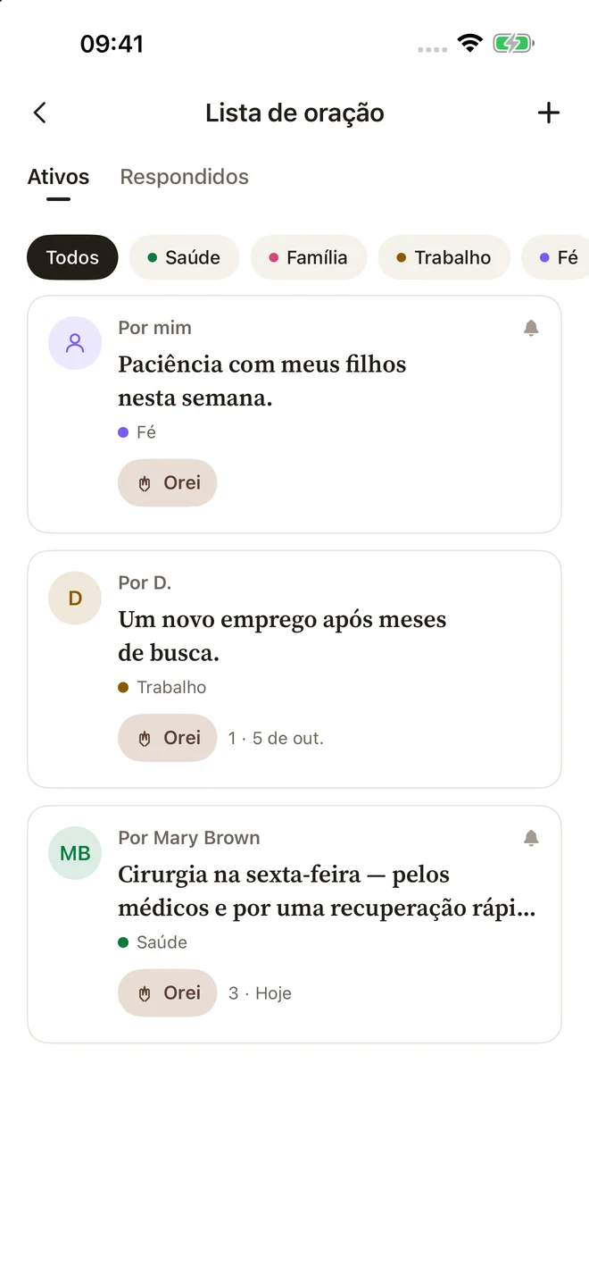 Lista de oração do Bible Pocket com pedidos pessoais e categorias
