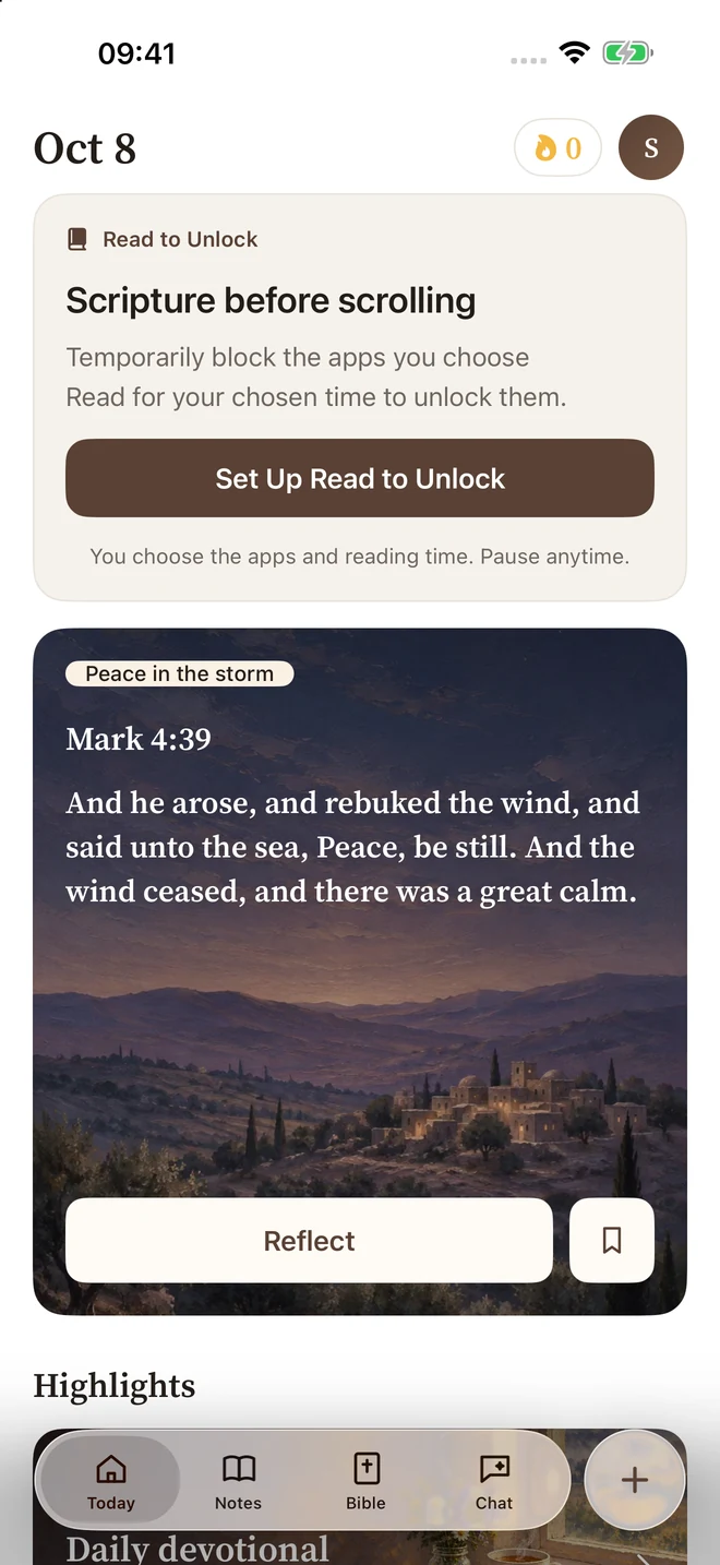 Bible Pocket Today screen with Read to Unlock setup and a daily verse