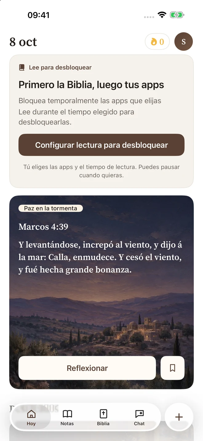 Pantalla Hoy de Bible Pocket con la configuración de lectura para desbloquear y el versículo del día