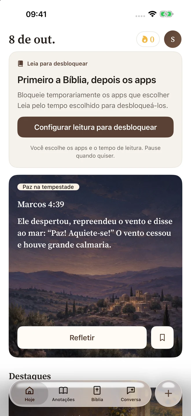 Tela Hoje do Bible Pocket com a configuração de leitura para desbloquear e o versículo do dia